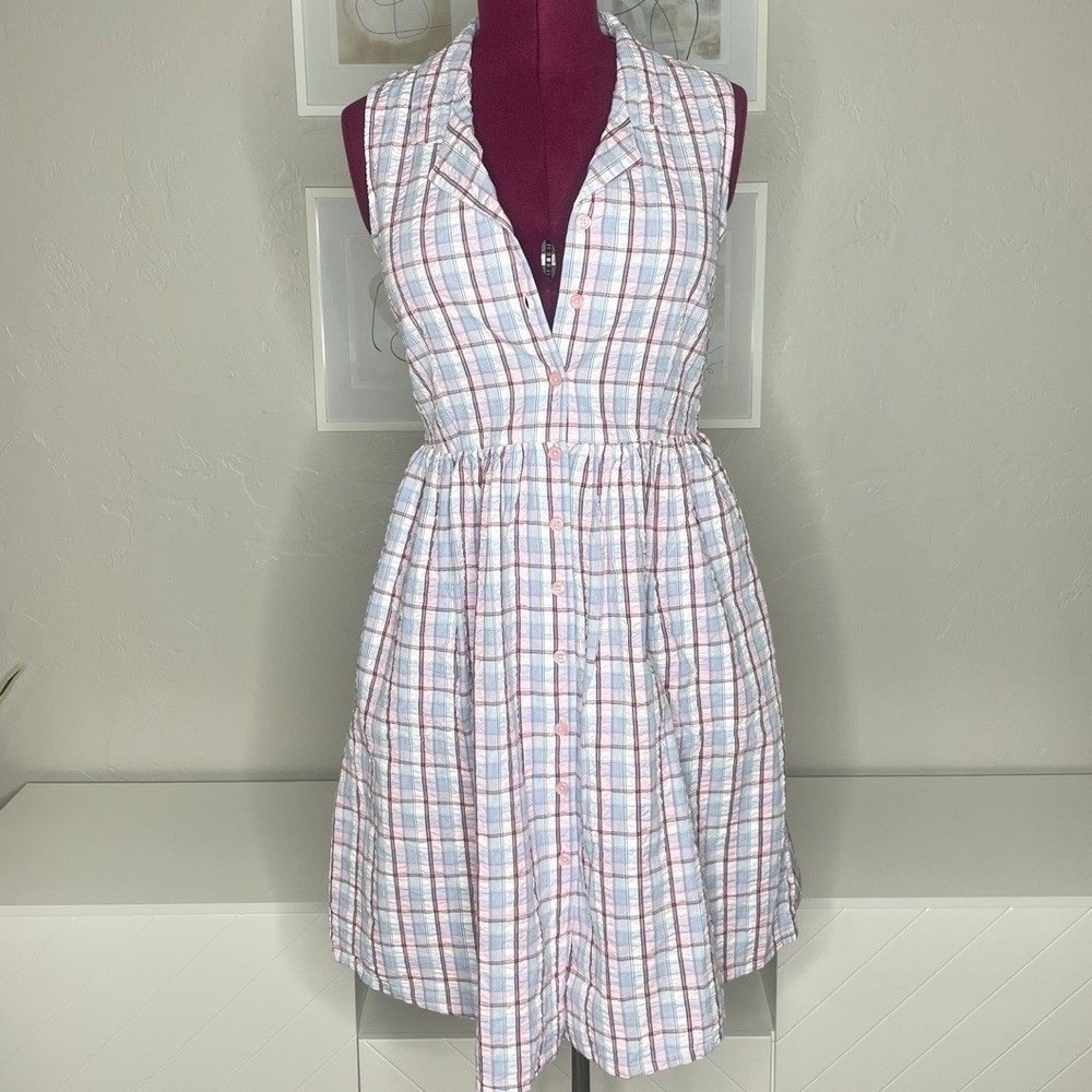 Vermont Country Store Dress Women XS Pink Blue Plaid‎ Seersucker Cotton
